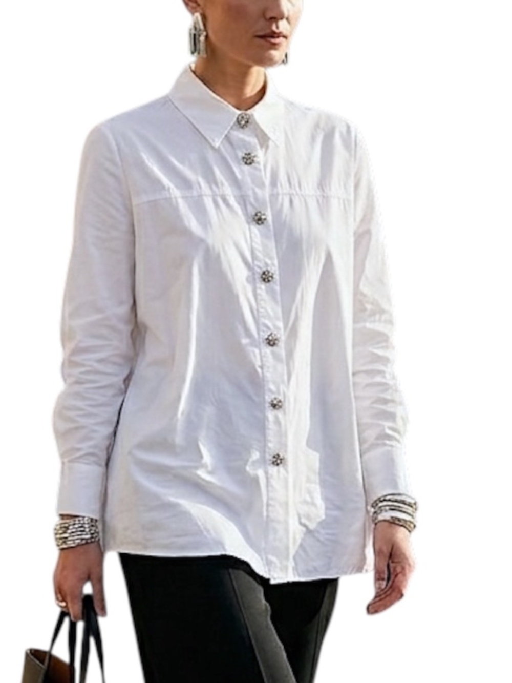 Zara oversized white cotton poplin rhinestone flower button boxy top blouse M